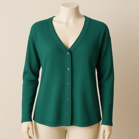 Victoria's Secret Green Waffle Knit Button-Up Long Sleeve Thermal Top Size L - Picture 1 of 7